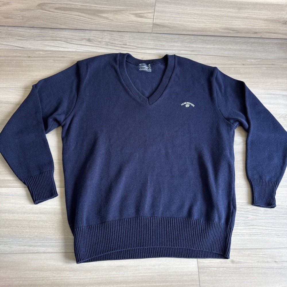Vintage Vantage‎ Dean Witter V Neck Sweater Mens Sz L Navy Made In USA Cotton